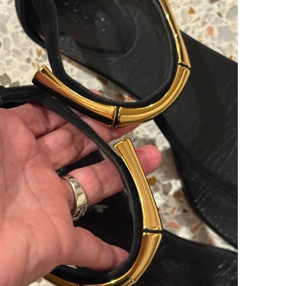 Gucci Coraline Nero Black Suede Thong T strap flats gold bamboo 2014 size 35.5 - Picture 13 of 15